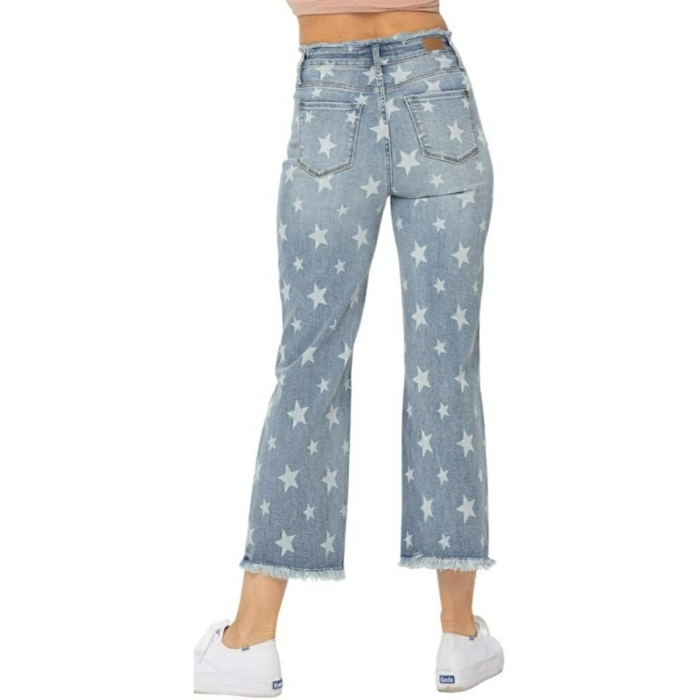 Judy Blue High Waist Star Print Cropped Straight Jeans 88573 size 11/30 - Picture 5 of 5